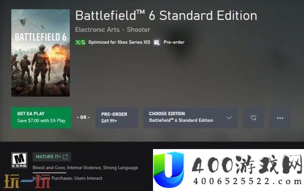 Xbox商铺页面显示战地6ESRB评级确以为M级